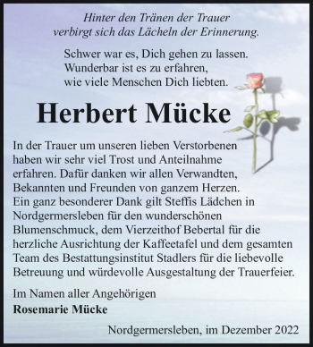 Traueranzeige von Herbert Mücke  von Magdeburger Volksstimme