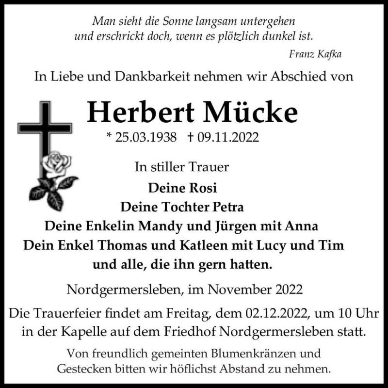  Traueranzeige für Herbert Mücke  vom 12.11.2022 aus Magdeburger Volksstimme