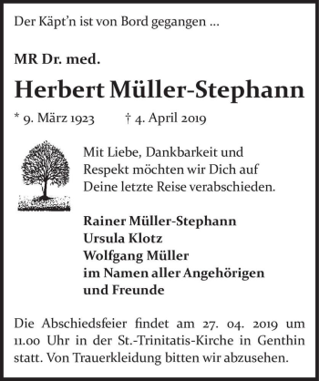 Traueranzeige von Herbert Müller-Stephann  von Magdeburger Volksstimme