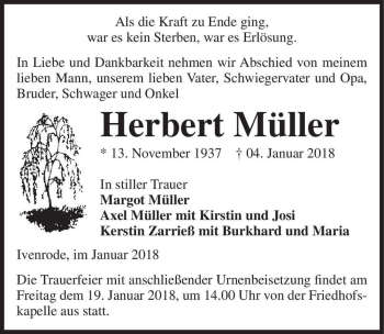 Traueranzeige von Herbert Müller  von Magdeburger Volksstimme