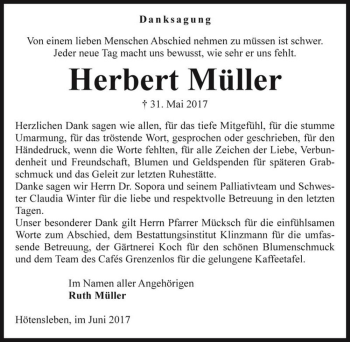 Traueranzeige von Herbert Müller  von Magdeburger Volksstimme