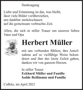 Traueranzeige von Herbert Müller  von Magdeburger Volksstimme