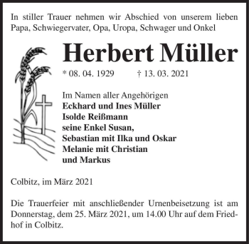 Traueranzeige von Herbert Müller  von Magdeburger Volksstimme
