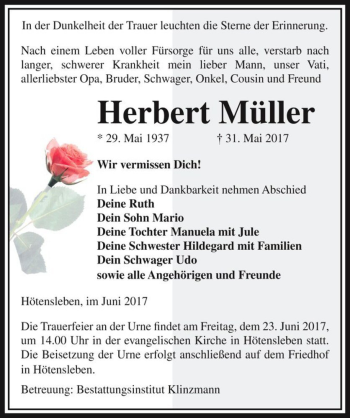Traueranzeige von Herbert Müller  von Magdeburger Volksstimme