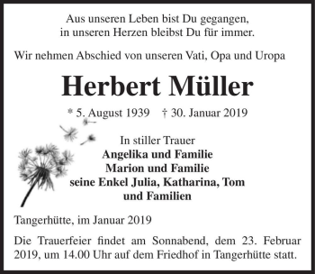 Traueranzeige von Herbert Müller  von Magdeburger Volksstimme