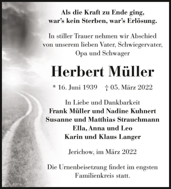 Traueranzeige von Herbert Müller  von Magdeburger Volksstimme