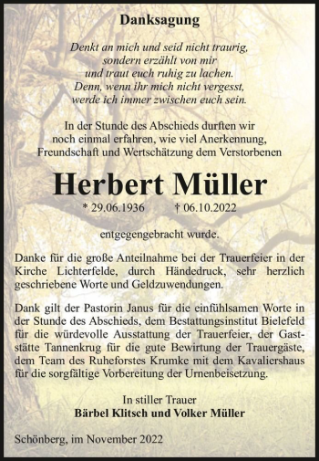 Traueranzeige von Herbert Müller  von Magdeburger Volksstimme