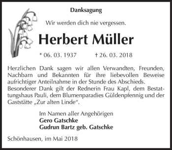 Traueranzeige von Herbert Müller  von Magdeburger Volksstimme