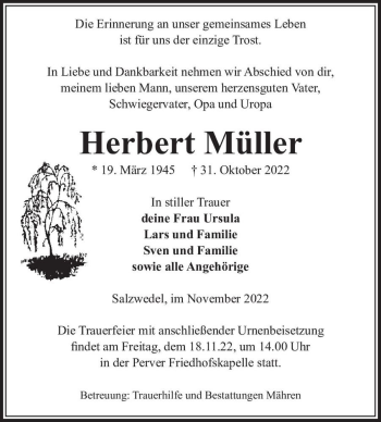 Traueranzeige von Herbert Müller  von Magdeburger Volksstimme