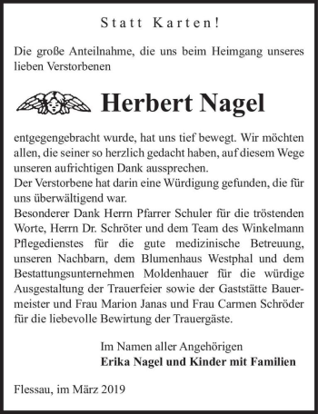 Traueranzeige von Herbert Nagel  von Magdeburger Volksstimme