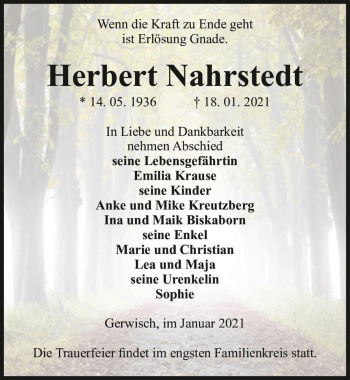 Traueranzeige von Herbert Nahrstedt  von Magdeburger Volksstimme