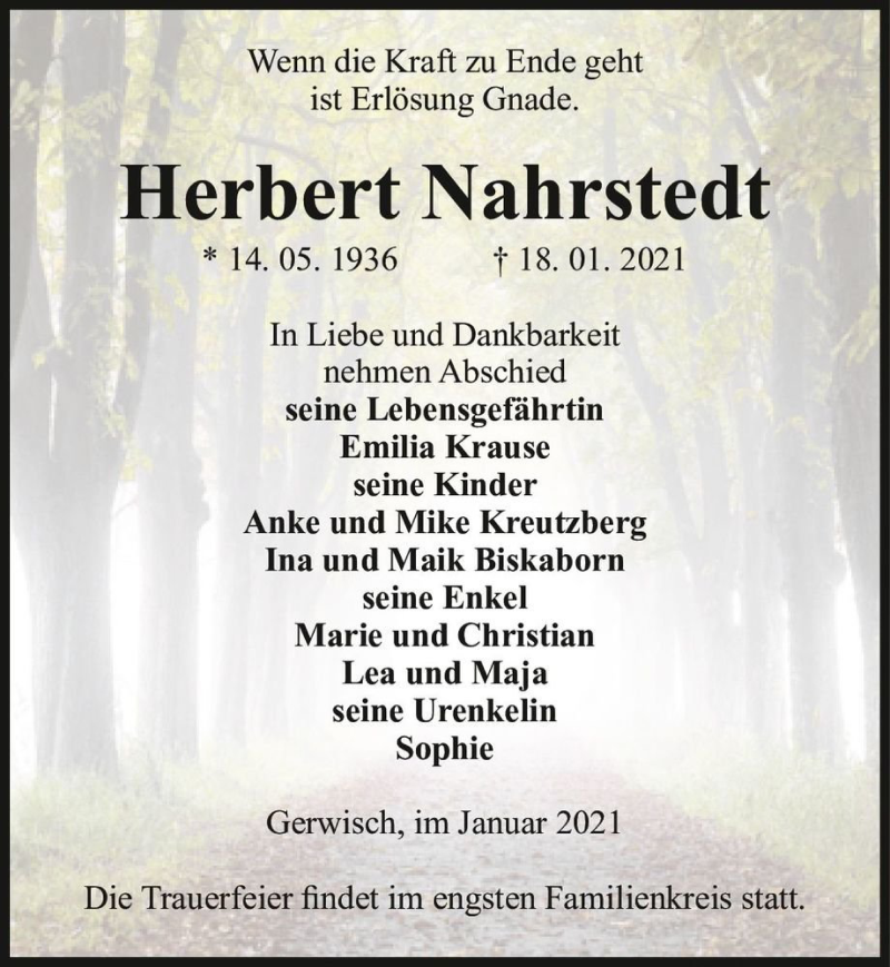  Traueranzeige für Herbert Nahrstedt  vom 23.01.2021 aus Magdeburger Volksstimme