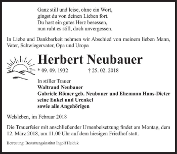 Traueranzeige von Herbert Neubauer  von Magdeburger Volksstimme