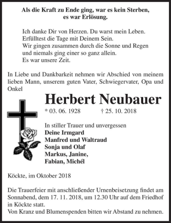 Traueranzeige von Herbert Neubauer  von Magdeburger Volksstimme