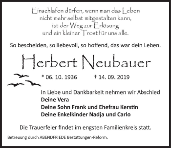 Traueranzeige von Herbert Neubauer  von Magdeburger Volksstimme