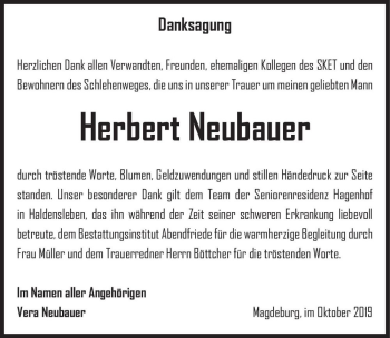 Traueranzeige von Herbert Neubauer  von Magdeburger Volksstimme