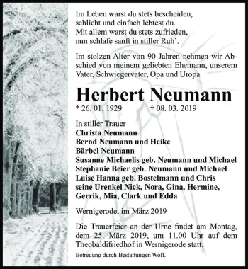 Traueranzeige von Herbert Neumann  von Magdeburger Volksstimme