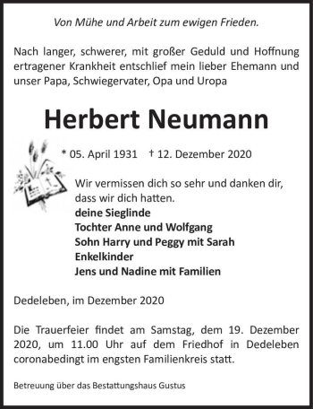 Traueranzeige von Herbert Neumann  von Magdeburger Volksstimme