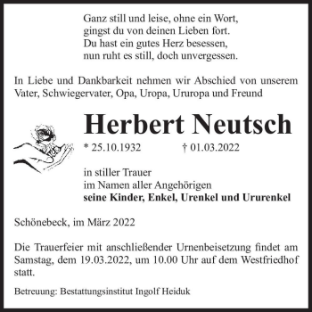 Traueranzeige von Herbert Neutsch  von Magdeburger Volksstimme