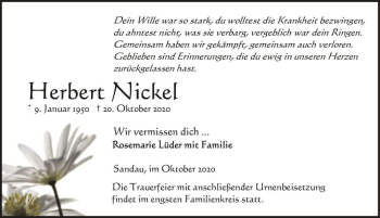 Traueranzeige von Herbert Nickel  von Magdeburger Volksstimme