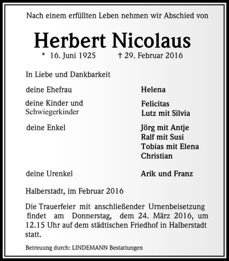 Traueranzeige für Herbert Nicolaus  vom 05.03.2016 aus Magdeburger Volksstimme