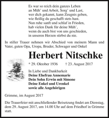 Traueranzeige von Herbert Nitschke  von Magdeburger Volksstimme