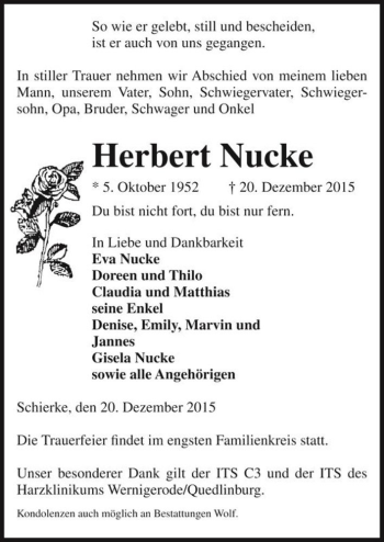 Traueranzeige von Herbert Nucke  von Magdeburger Volksstimme