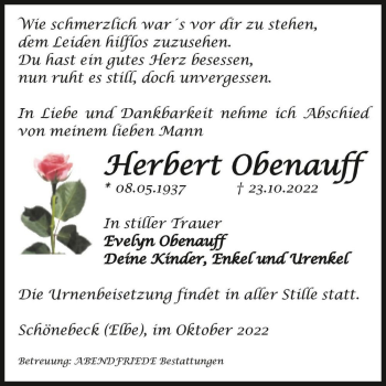 Traueranzeige von Herbert Obenauff  von Magdeburger Volksstimme