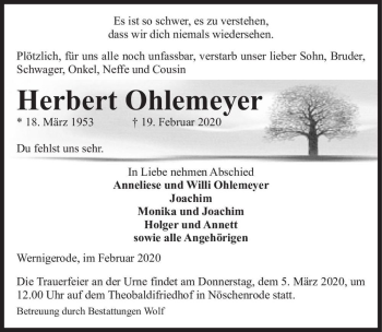 Traueranzeige von Herbert Ohlemeyer  von Magdeburger Volksstimme