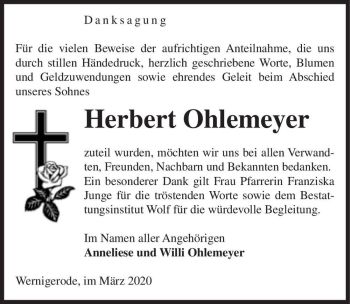 Traueranzeige von Herbert Ohlemeyer  von Magdeburger Volksstimme