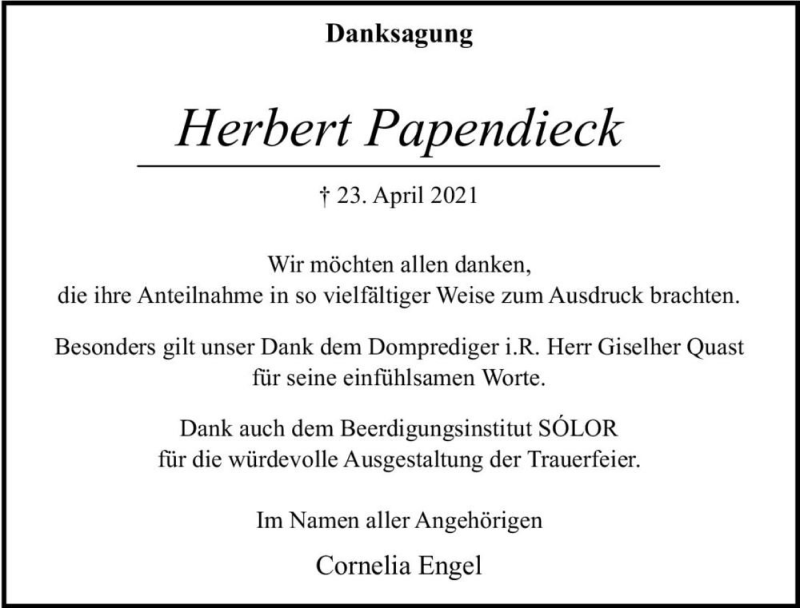  Traueranzeige für Herbert Papendieck  vom 22.05.2021 aus Magdeburger Volksstimme