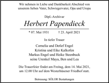 Traueranzeige von Herbert Papendieck  von Magdeburger Volksstimme