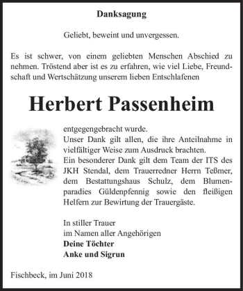 Traueranzeige von Herbert Passenheim  von Magdeburger Volksstimme