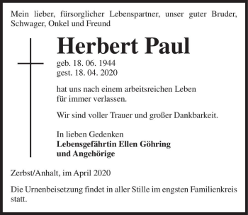Traueranzeige von Herbert Paul  von Magdeburger Volksstimme