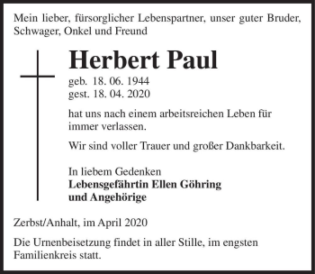 Traueranzeige von Herbert Paul  von Magdeburger Volksstimme