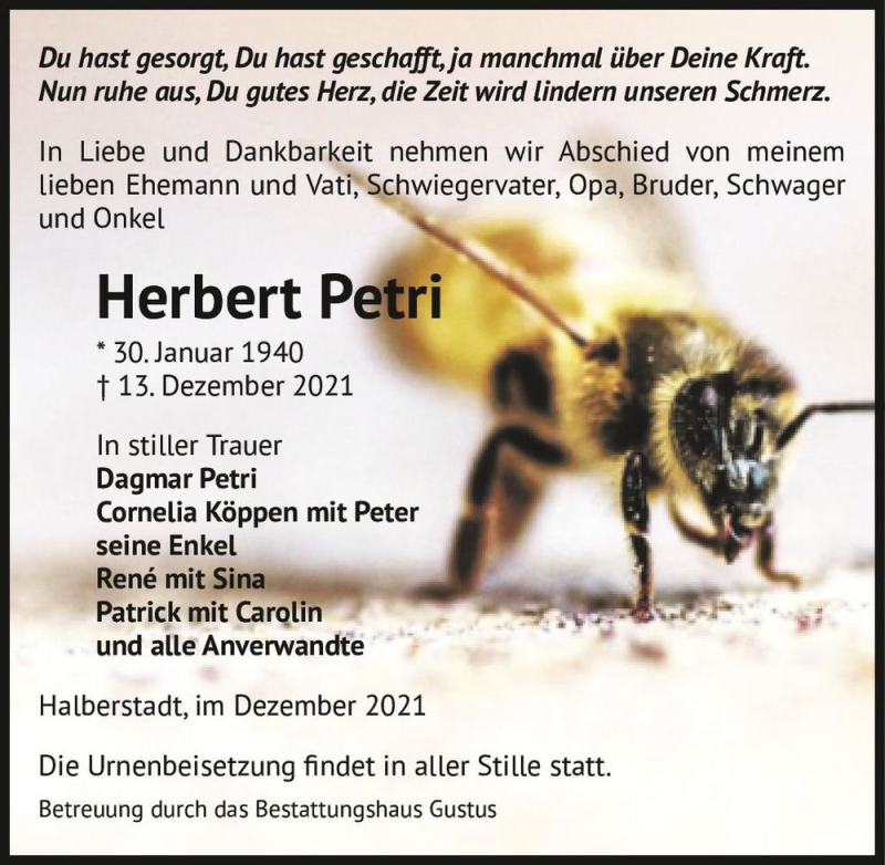  Traueranzeige für Herbert Petri  vom 18.12.2021 aus Magdeburger Volksstimme