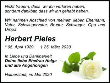 Traueranzeige von Herbert Pieles  von Magdeburger Volksstimme