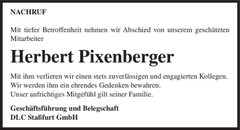 Traueranzeige von Herbert Pixenberger  von Magdeburger Volksstimme