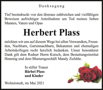 Traueranzeige von Herbert Plass  von Magdeburger Volksstimme