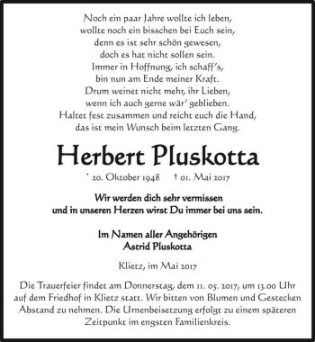 Traueranzeige von Herbert Pluskotta  von Magdeburger Volksstimme