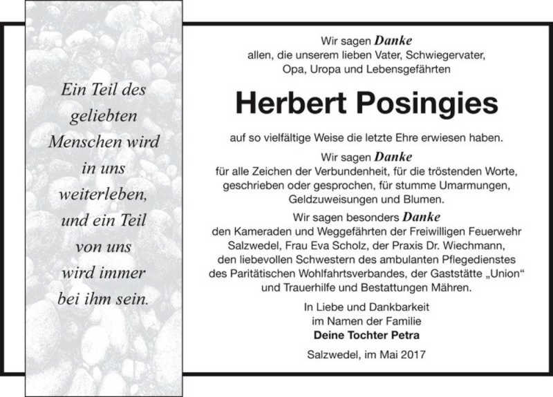  Traueranzeige für Herbert Posingies  vom 27.05.2017 aus Magdeburger Volksstimme