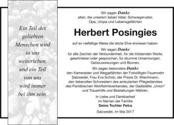 Traueranzeige von Herbert Posingies  von Magdeburger Volksstimme