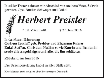 Traueranzeige von Herbert Preisler  von Magdeburger Volksstimme