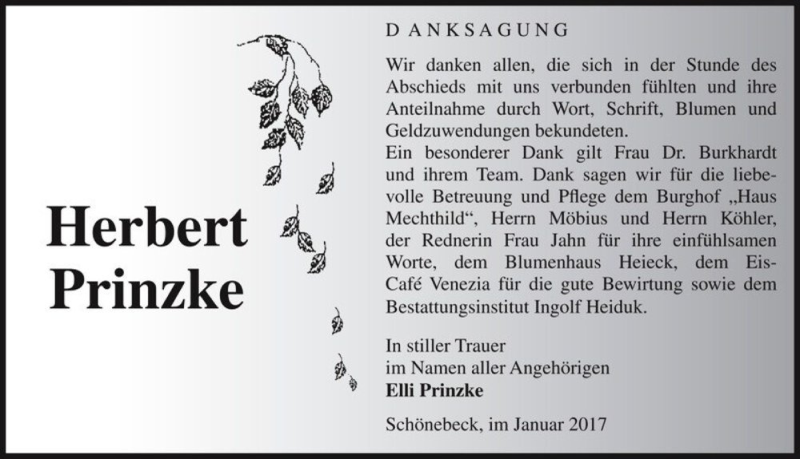  Traueranzeige für Herbert Prinzke  vom 04.02.2017 aus Magdeburger Volksstimme
