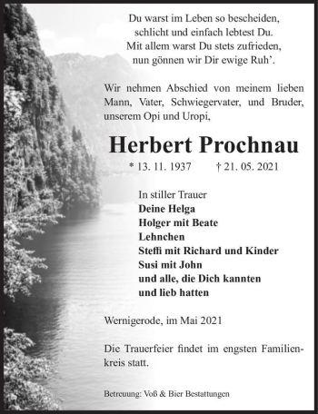 Traueranzeige von Herbert Prochnau  von Magdeburger Volksstimme