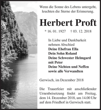 Traueranzeige von Herbert Proft  von Magdeburger Volksstimme