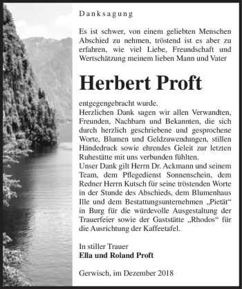Traueranzeige von Herbert Proft  von Magdeburger Volksstimme
