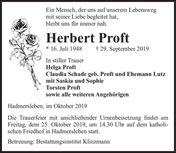 Traueranzeige von Herbert Proft  von Magdeburger Volksstimme