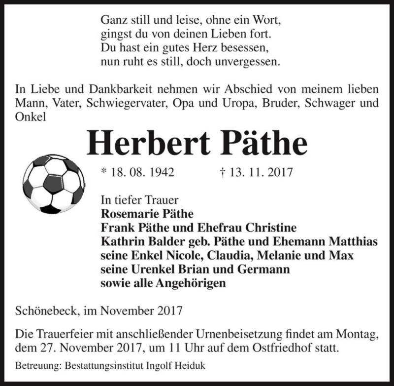  Traueranzeige für Herbert Päthe  vom 18.11.2017 aus Magdeburger Volksstimme