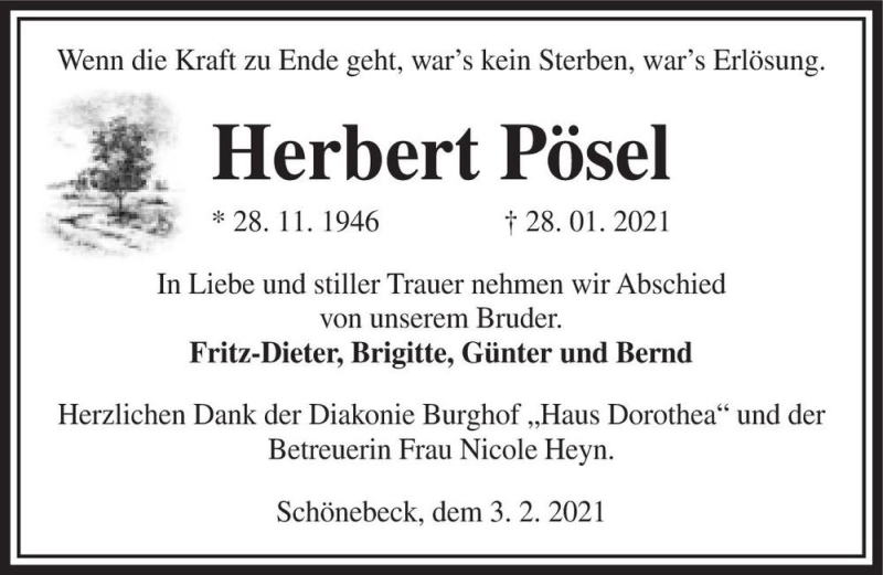  Traueranzeige für Herbert Pösel  vom 06.02.2021 aus Magdeburger Volksstimme